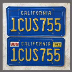 1980 California YOM License Plates For Sale - Original Vintage Pair 1CUS755