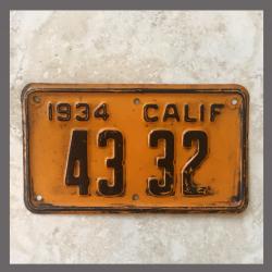 1934 California YOM Motorcycle License Plate For Sale - 4332