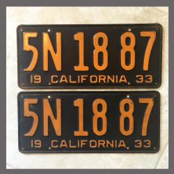 1933 California YOM License Plates Pair Original 5N1887