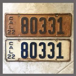 1922 California YOM License Plates For Sale - Original Vintage Pair 80331