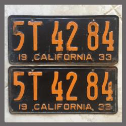 1933 California YOM License Plates Pair Original 5T4284