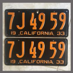 1933 California YOM License Plates Pair Original 7J4959