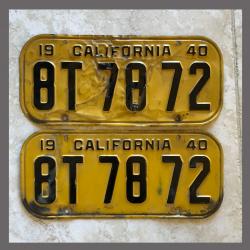 1940 California YOM License Plates For Sale - Original Vintage Pair 8T7872