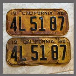 1940 California YOM License Plates For Sale - Original Vintage Pair 4L5187