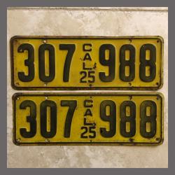 1925 California YOM License Plates For Sale - Original Vintage Pair 307988