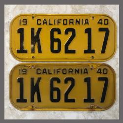 1940 California YOM License Plates For Sale - Original Vintage Pair 1K6217
