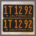 1933 California YOM License Plates Pair Original 1T1292