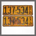 1921 California YOM License Plates For Sale - Original Vintage Pair 137534