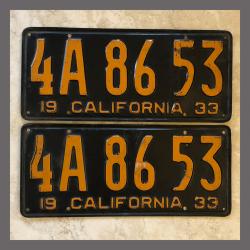 1933 California YOM License Plates Pair Original 4A8653