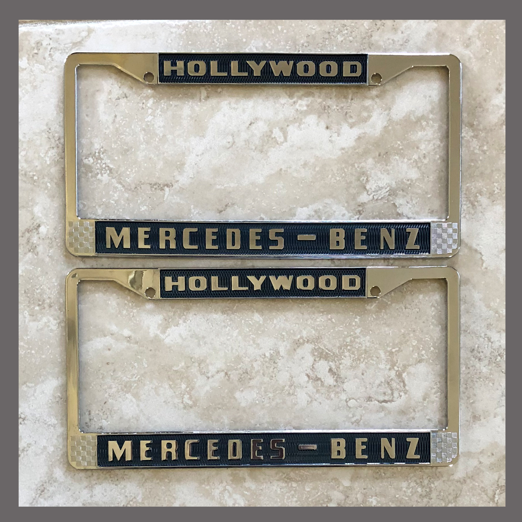 Mercedes Benz Dealer Hollywood Ca License Plate Frames Pair Blue Chrome