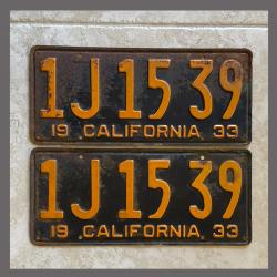 1933 California YOM License Plates Pair Original 1J1539