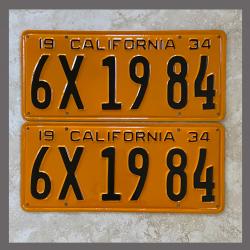 1934 California YOM License Plates For Sale - Repainted Vintage Pair 1934 California YOM License Plates For Sale - Repai