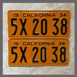 1934 California YOM License Plates For Sale - Repainted Vintage Pair 5X2038