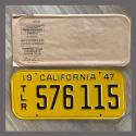 1947 California Trailer License Plate For Sale - Original Vintage 576115 NOS
