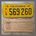 1947 California Trailer License Plate For Sale - Original Vintage 569260 NOS