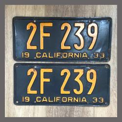 1933 California YOM License Plates Pair Original 2F239