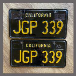 1963 California YOM License Plates For Sale - Original Vintage Pair JGP339