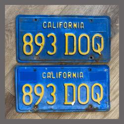 1970 - 1980 California YOM License Plates For Sale - Original Vintage Pair 893DOQ