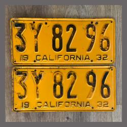 1932 California YOM License Plates For Sale - Original Pair 3Y8296