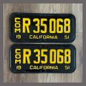 1951 California YOM License Plates For Sale - Restored Vintage Pair R35068