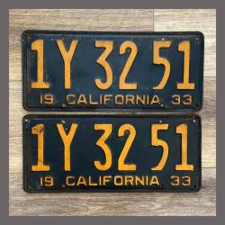 1933 California YOM License Plates Pair Original 1Y3251