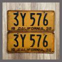 1932 California YOM License Plates For Sale - Original Pair 3Y576