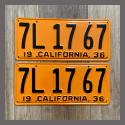 1936 California YOM License Plates For Sale - Restored Vintage Pair 7L1767