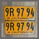 1932 California YOM License Plates For Sale - Original Pair 9R9794