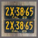 1929 California YOM License Plates For Sale - Original Vintage Pair 2X3865