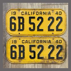1940 California YOM License Plates For Sale - Original Vintage Pair 6B5222