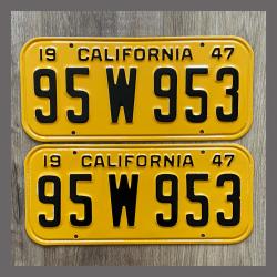 1947 California YOM License Plates For Sale - Restored Vintage Pair 95W953