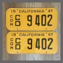 1947 California YOM License Plates For Sale - Vintage Pair 9402 Truck