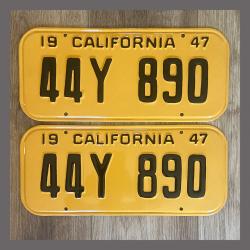1947 California YOM License Plates For Sale - Restored Vintage Pair 44Y890