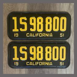 1951 California YOM License Plates For Sale - Restored Vintage Pair 1S98800