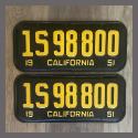 1951 California YOM License Plates For Sale - Restored Vintage Pair 1S98800