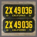 1951 California YOM License Plates For Sale - Original Vintage Pair 2X49036