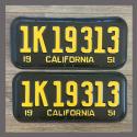 1951 California YOM License Plates For Sale - Restored Vintage Pair 1K19313