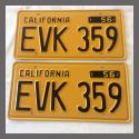 1956 California YOM License Plates For Sale - Restored Vintage Pair EVK359