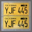 1956 California YOM License Plates For Sale - Restored Vintage Pair YJF445