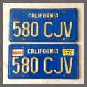 1970 - 1980 California YOM License Plates For Sale - Original Vintage Pair 580CJV