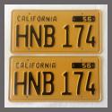 1956 California YOM License Plates For Sale - Restored Vintage Pair HNB174