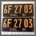 1931 California YOM License Plates For Sale - Original Pair 6F2703