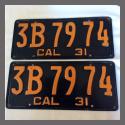 1931 California YOM License Plates For Sale - Original Pair 3B7974