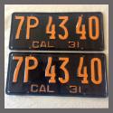 1931 California YOM License Plates For Sale - Repainted Vintage Pair 7P4340