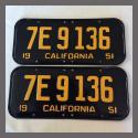 1951 California YOM License Plates For Sale - Restored Vintage Pair 7E9136