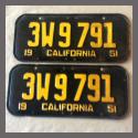 1951 California YOM License Plates For Sale - Original Vintage Pair 3W9791