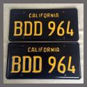 1963 California YOM License Plates For Sale - Restored Vintage Pair BDD964