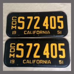 1951 California YOM License Plates For Sale - Restored Vintage Pair S72405 Truck