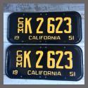 1951 California YOM License Plates For Sale - Restored Vintage Pair K2623 Truck