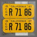 1947 California YOM License Plates For Sale - Original Vintage Pair R7186 Truck